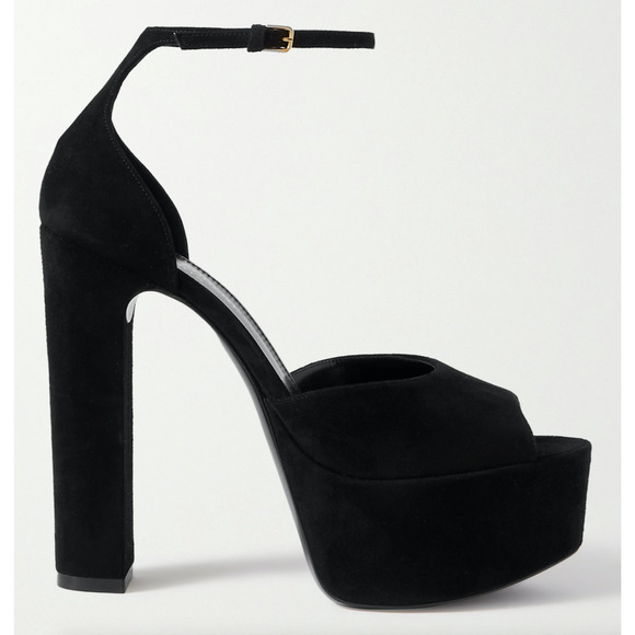 Saint Laurent Jodie Black Suede Platform Ankle Strap Sandal Block Heel Pump 42 - Picture 1 of 12